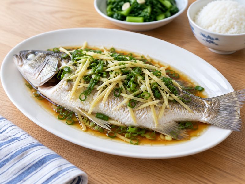 Illustration of Steamed whole fish with ginger and spring onion