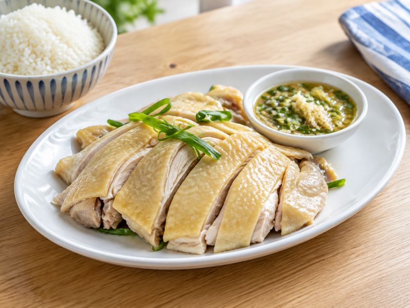 Illustration of Cantonese white cut chicken with ginger and spring onion sauce
