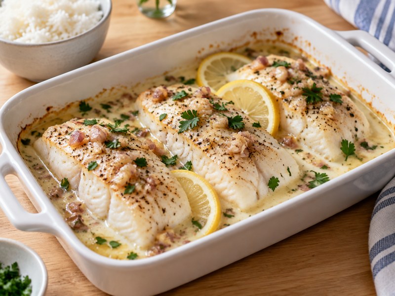 Illustration of Baked fish with lemon cream sauce