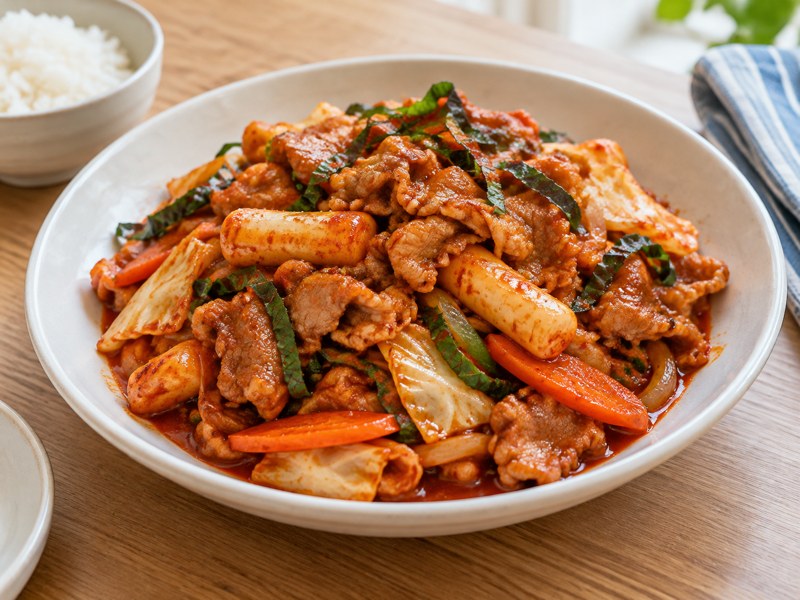 Illustration of Korean spicy pork stir-fry (jeyuk bokkeum)