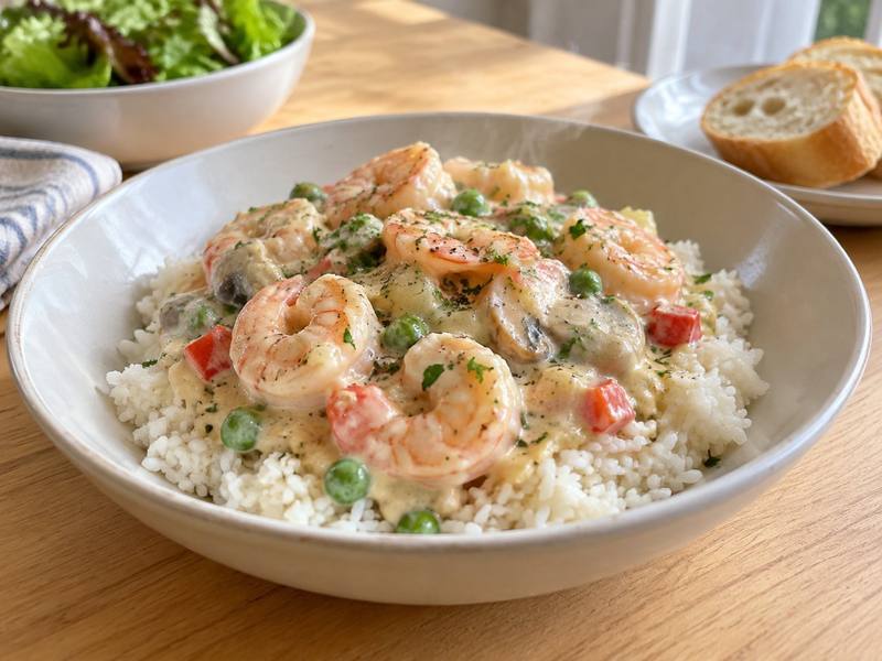 Illustration of A La King prawns rice (white sauce)