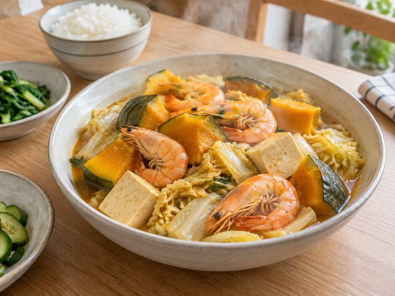Illustration of Shrimp w/ pumpkin, tofu & cabbage