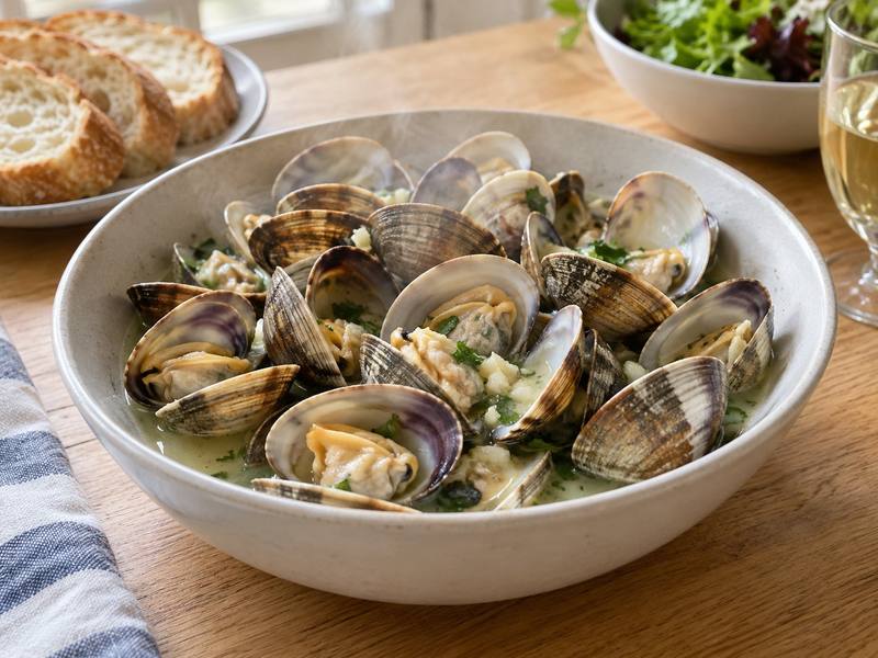 Illustration of Steamed clams, white wine & garlic
