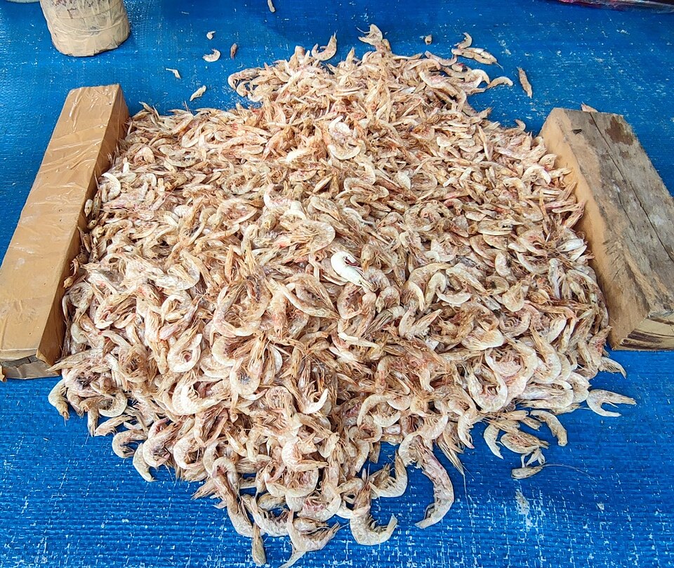 A heap of tiny dried shrimp on a market table