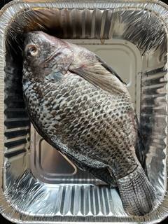 A whole raw tilapia in a tray